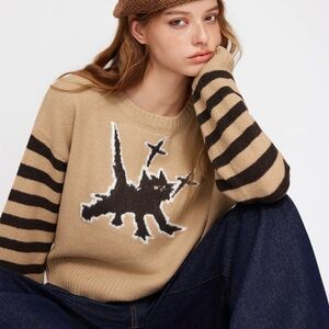 Cider Tan & Black Striped Cat Intarsia Crewneck Sweater